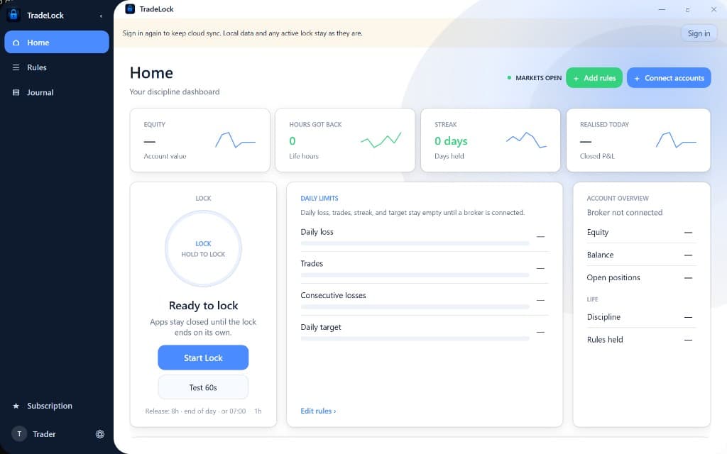TradeLock for Windows home dashboard with equity, streak, lock and daily limits
