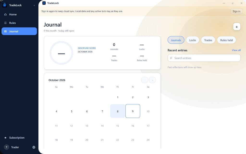 TradeLock for Windows journal with discipline score and calendar