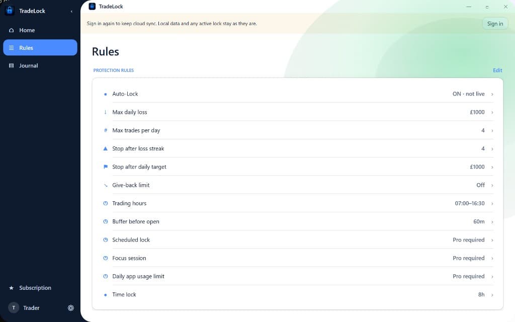 TradeLock for Windows protection rules list